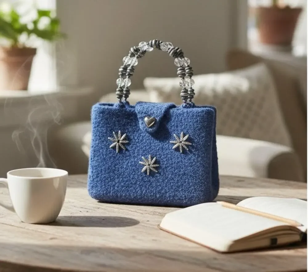Handmade Alpaca Wool Purse Blue Satchel Bag Silver Accents 10x7.5 Vintage